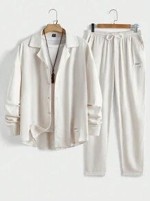 Manfinity VCAY 2 件男士修身休闲翻领长袖编织衬衫套装，秋季 - 杏色 - 查看 1