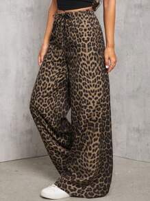 SHEIN PETITE Casual Street Leopard Print Loose Straight Wide Leg Trousers , Palazzo Pants Cheetah Pantscheetah Print Pantsleopard Pantsleopard Print Pants