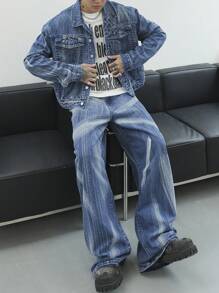 Claim Dot Men's Light Blue Washed Denim Loose Clothing Set - Light Wash - View 5