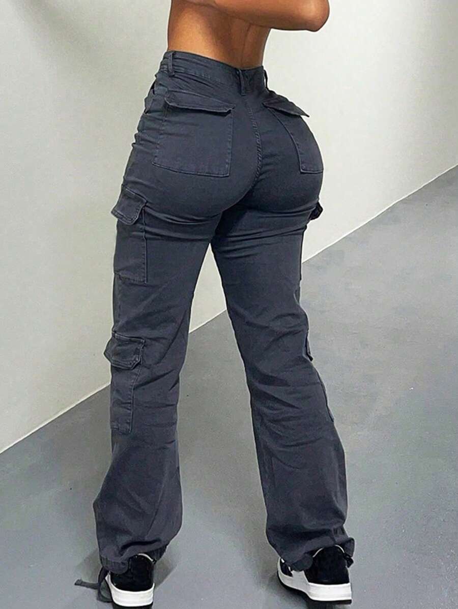 NVFelix New Arrival Stylish Women's High-Waisted Multi-Pocket Cargo Pants For Fall Clothes - Back To School Clothes - 深灰色 - 查看 1