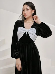 Modelyn Vestido largo de manga larga elegante con decoración de moño para mujeres, vestidos largos de noche de primavera y otoño