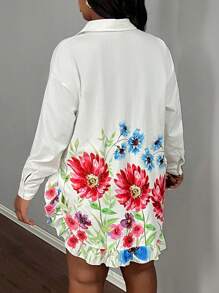 Slaydiva SHEIN Slayr Plus Size Women's Autumn White Ruffle Hem Floral Print Long Sleeve Shirt Dress - White - View 2