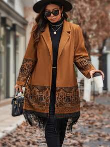 SHEIN LUNE Plus Size Women Geometric Pattern Lapel Collar Fringe Hem Overcoat, Fall Clothes, For Winter Autumn - Brown - View 4
