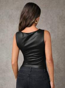 SHEIN BAE Women Summer Solid PU Leather Pleated Slim Fit Tank Top