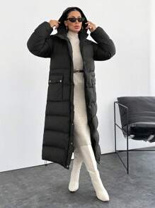 EURMUSE Unique Design Quilted Metallic Lined Hooded Drawstring Hem Puffer Long Winter Coat - Black - View 6