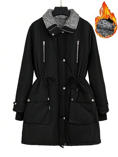 Flirla Plus Size Solid Color Casual Padded Padded Coat With Pockets, Long Sleeve, Long Length, For Autumn Winter Clothes
