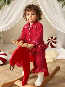 SHEIN Playful Pals 2pcs Baby Girls Holiday & Casual Cute Outfit Set, Fall/Winter - Multicolor - View 1