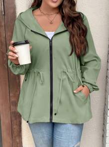 SHEIN LUNE Plus Size Casual Drawstring Waist Hooded Jacket For Autumn Christmas Women Clothes - Olive Green - View 3