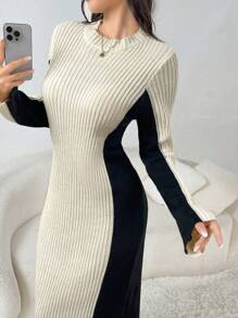 Mulvari Women's Autumn/Winter Crew Neck Long Sleeve Colorblock Ribbed Long Knitted Sweater Dress