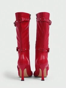 CUCCOO GRLICON Sexy Fashion Red Bucket Stud Accented Pointed Toe Casual 3.7" High Heel Side Zipper Winter Boots For Women Halloween Witch Fall - Red - View 10