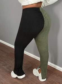 Slaydiva Plus Size Casual Home Simple Front Ruched Contrast Color Fitted Fuzzy Pants, Autumn Winter - Multicolor - View 2