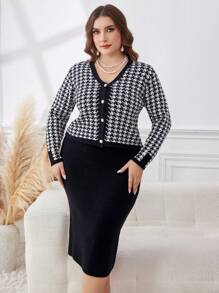 Mulvari 2pcs Plus Size Houndstooth Print Long Sleeve Jacket And Solid Color Sleeveless Dress With Core-Spun Yarn Elegant Sweater Set 2 Pieces Set - Black - View 3