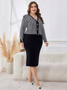Mulvari 2pcs Plus Size Houndstooth Print Long Sleeve Jacket And Solid Color Sleeveless Dress With Core-Spun Yarn Elegant Sweater Set 2 Pieces Set - Black - View 4