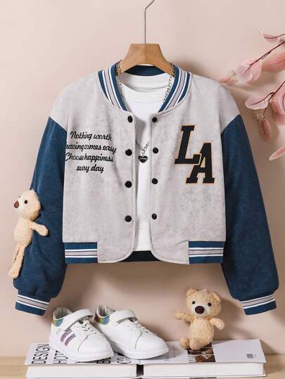 SHEIN Tween Girls 3D Doll Decor Letter Graphic Sweatshirt Jacket, Autumn