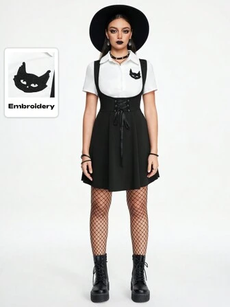 Academia Vestido corto de 2 en 1 con bordado de gato para mujer