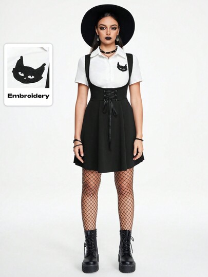 Academia Robe courte à 2 en 1 avec broderie de chat pour femmes