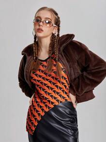 SHEIN 2 Stücke/Set grafikbedrucktes figurbetontes V-Ausschnitt Top kombiniert mit Kunstleder & flauschigem Patchwork Rock für Teenager Mädchen, Herbst/Winter