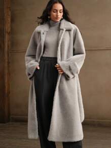 Anewsta High-End Waist Cinching Fluffy Long Coat - Light Grey - View 1