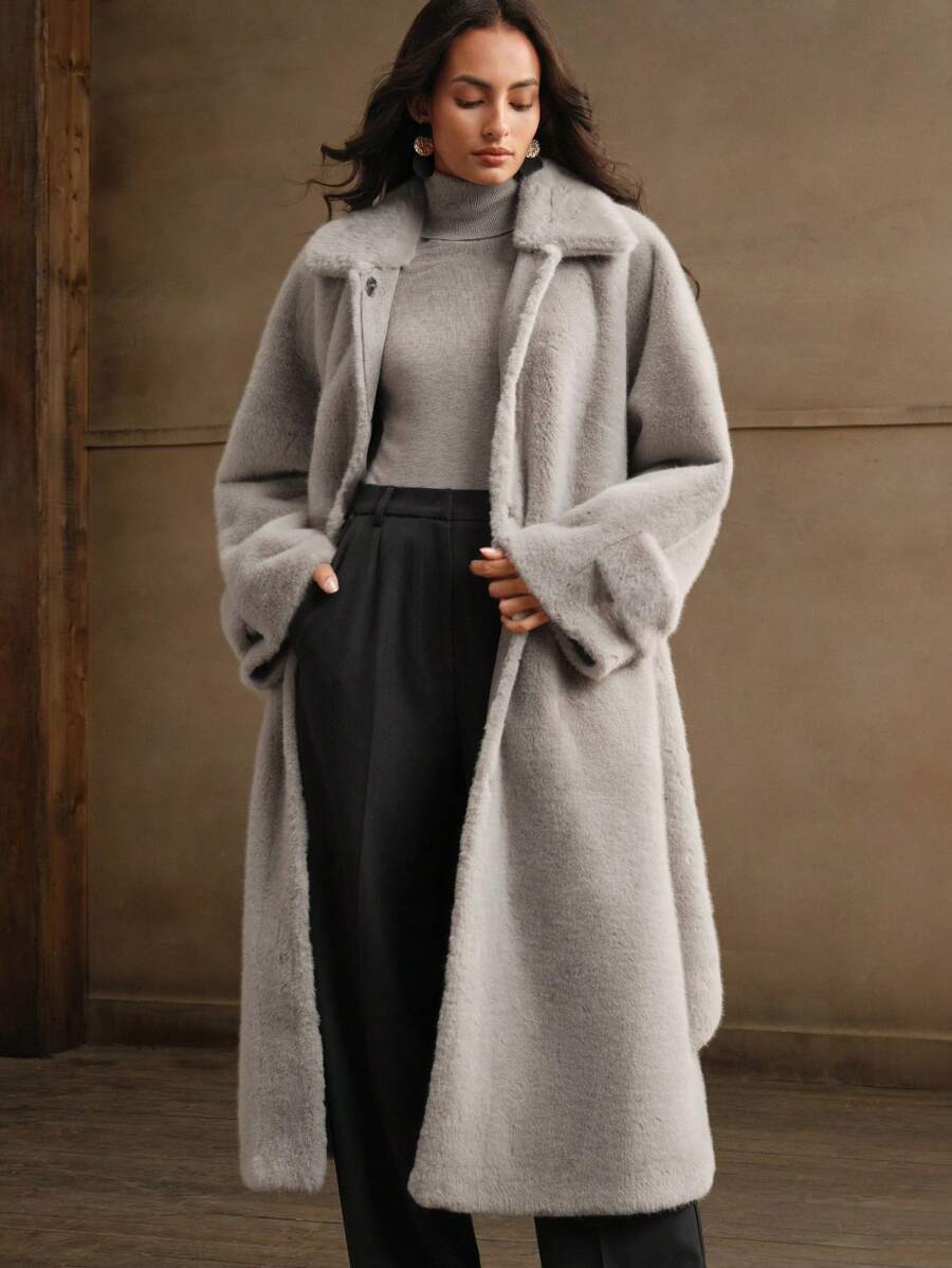 Anewsta High-End Waist Cinching Fluffy Long Coat - Light Grey - View 1