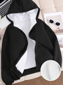 SHEIN Sweatshirt Hoodie Kasual Ukuran Besar dengan Saku dan Lapisan Termal untuk Remaja Perempuan, Cocok untuk Musim Gugur/Dingin - Hitam - View 1