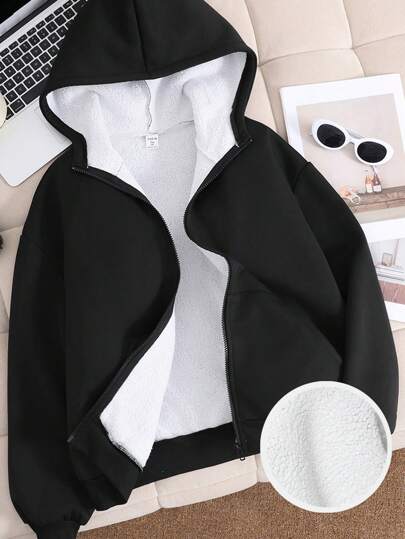 SHEIN 青少年女孩纯色口袋保暖内衬宽松休闲连帽运动衫