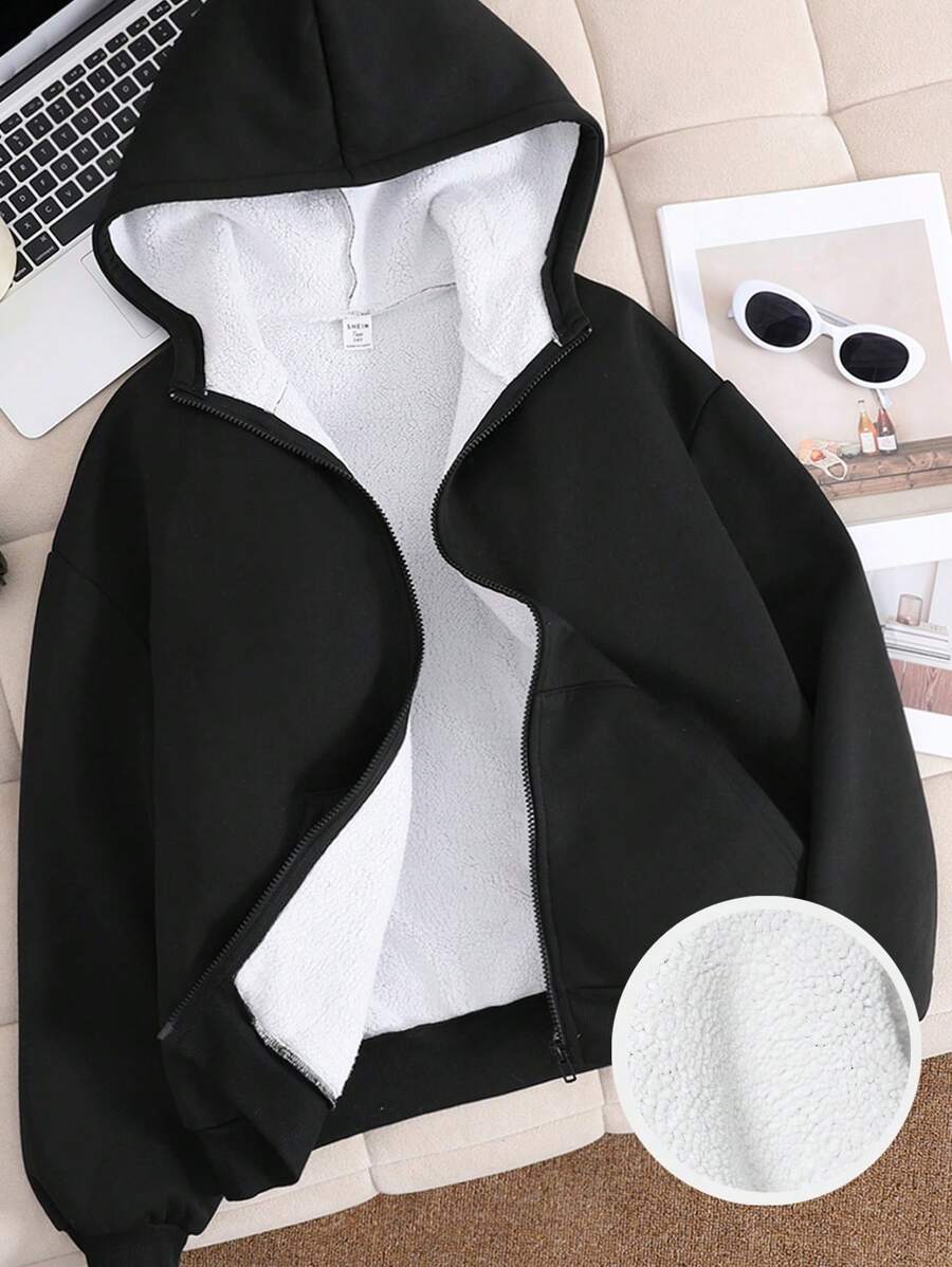 SHEIN Sweatshirt Hoodie Kasual Ukuran Besar dengan Saku dan Lapisan Termal untuk Remaja Perempuan, Cocok untuk Musim Gugur/Dingin - Hitam - View 1