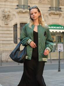 SHEIN Teen Girl Letter Applique Padded Coat - Green - View 4