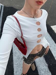 INAWLY 女士纯色圆领长袖镂空性感开衩下摆 T 恤，春夏白色上衣 - 白色 - 查看 8