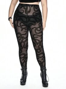 ROMWE Quần legging trong suốt họa tiết da rắn Gothic cỡ lớn - màu đen - Xem 5