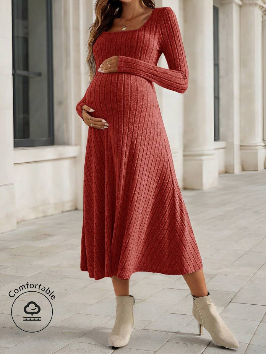 SHEIN 孕妇方领长袖针织优雅连衣裙,春秋 - 紅木色 - 查看 1