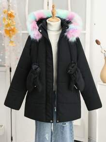 Teen Girl Colorblock Fluffy Lined Hooded Casual Padded Coat, Winter - Black - View 6