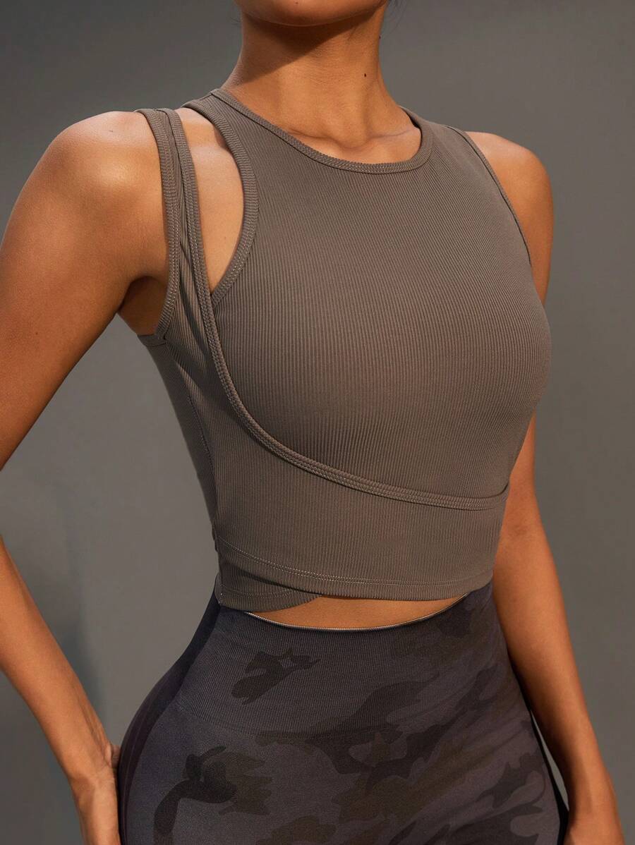 Easithlete Women's Solid Round Neck Seamless Hollow Out Slim Fit Sports Bra