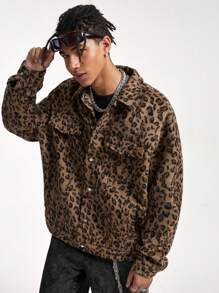 Manfinity VCAY 男士豹纹翻领宽松梭织长袖大衣 - 卡其色 - 查看 2