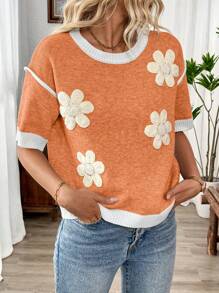 SHEIN LUNE 女士超大圆领短袖花卉印花针织上衣 - 橘色 - 查看 4