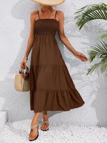 Breezaya Casual Solid Color Spaghetti Strap Shift Dress Maxi Women Outfit - Brown - View 3