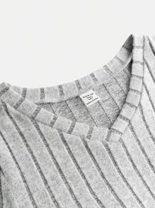 SHEIN Teen Girl Autumn Gray V-Neck Ribbed Knit Long Sleeve Jumpsuit - Grey - View 4