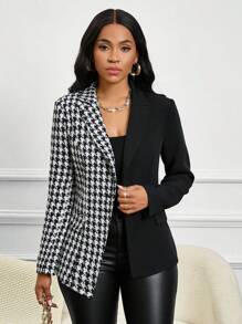 SHEIN Lady Four Season  Attire  Houndstooth Geometric Print  Tunic Asymmetrical Top Winter Coat Suit  Women Jackets
