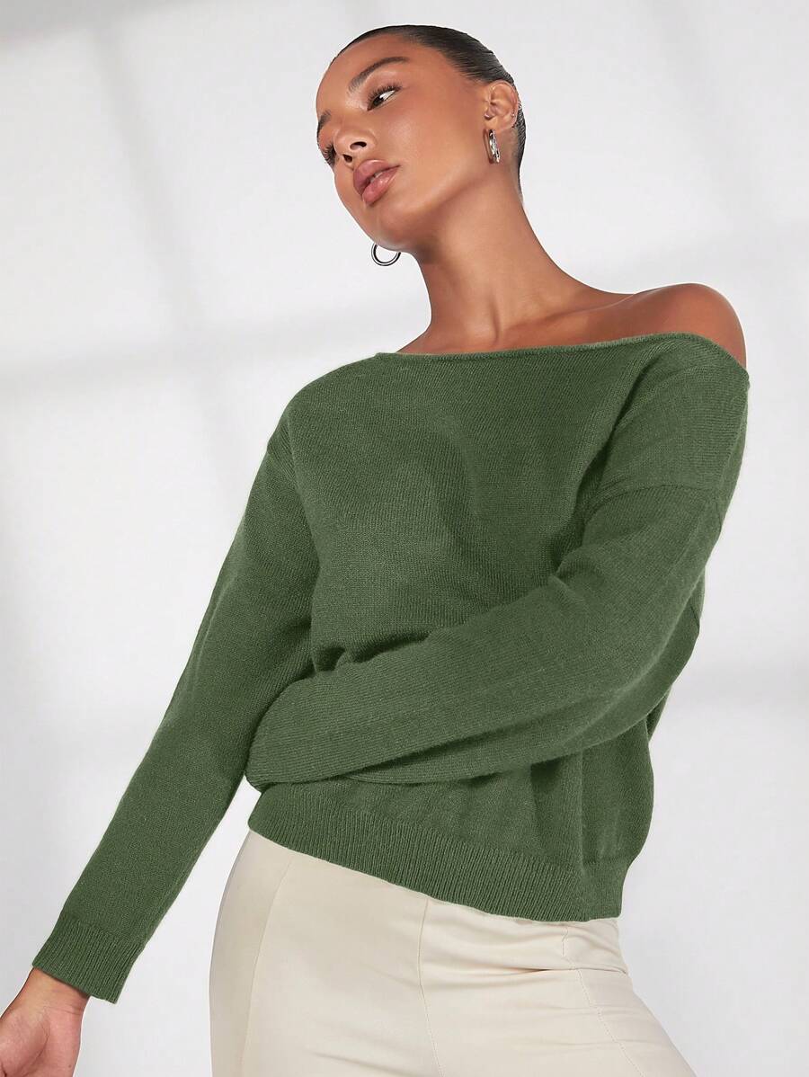 SHEIN BASICS 女士纯色不对称领休闲长袖套头毛衣 - 軍綠色 - 查看 1