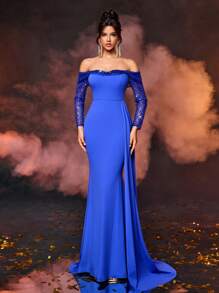 SHEIN Belle Robe de soirée élégante et somptueuse avec mélange de tissu en maille brillante avec sequins bleu royal de luxe. Design avec une seule épaule, manches longues transparentes, forme de poitrine, queue de poisson et ourlet flottant. Idéal pour un événement formel, un bal de promo, un mariage ou un dîner. - Noir - Voir 2