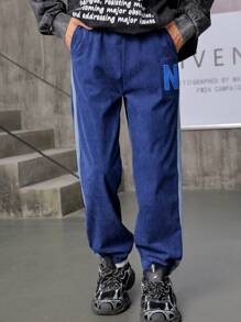 SHEIN Tween Boy Corduroy Casual Letter Embroidered Sweatpants - Navy Blue - View 4