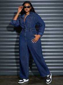 SHEIN SXY Plus Size Women's Fall Long Sleeve Pocketed Loose Wide Leg Casual Denim Jumpsuit