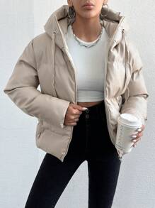 EURMUSE Solid Color Drawstring Hooded Padded Jacket - Khaki - View 3