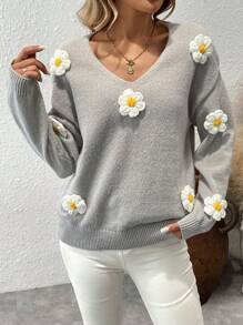Chiquease Suéter holgado de cuello en V con accesorio decorativo de flor a ganchillo - Gris - Ver 4