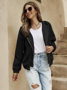 SHEIN LUNE Women's Solid Color Dropped Shoulder Long Sleeve Hooded Zip-Up Casual Jacket, Spring & Fall