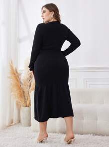 Modelyn Plus Size Women V-Neck Flowy Hem Sweater Dress