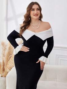 Modelyn Plus Size Color Block Off-Shoulder Elegant Long Sleeve Core-Spun Yarn Sweater Dress Fall Cloth For Women - Black - View 4