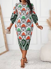 SHEIN Lady Autumn And Winter Elegant Colorful Knitted Round Neck Straight Three Quarter Length Sleeve Plus Size Dresses - Multicolor - View 4