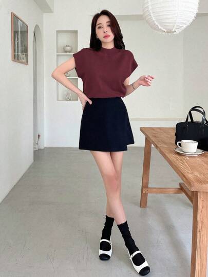 DAZY 纯色立领优雅盖袖针织上衣，秋季服装
