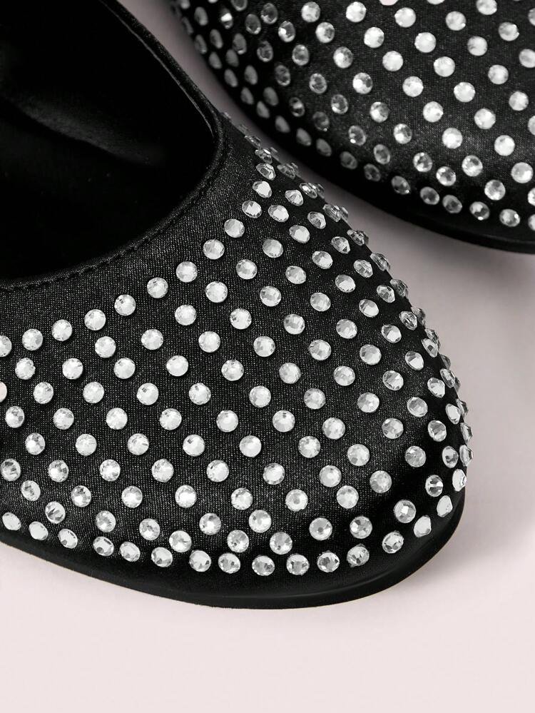 CUCCOO DOLLMOD Women's Round Toe Flat Shoes, Black Satin Material With Rhinestone Decor For Christmas And New Year Holiday Vibe Fall And Winter