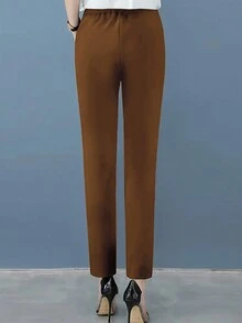 Women's Solid Color Pleated Pocket Casual Pants - Rust Brown - View 2